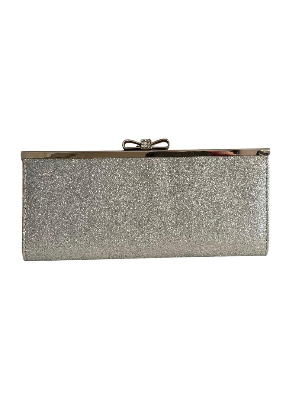Inc. International Concepts Silver Glitter Evening Clutch with Rhinestone Bow